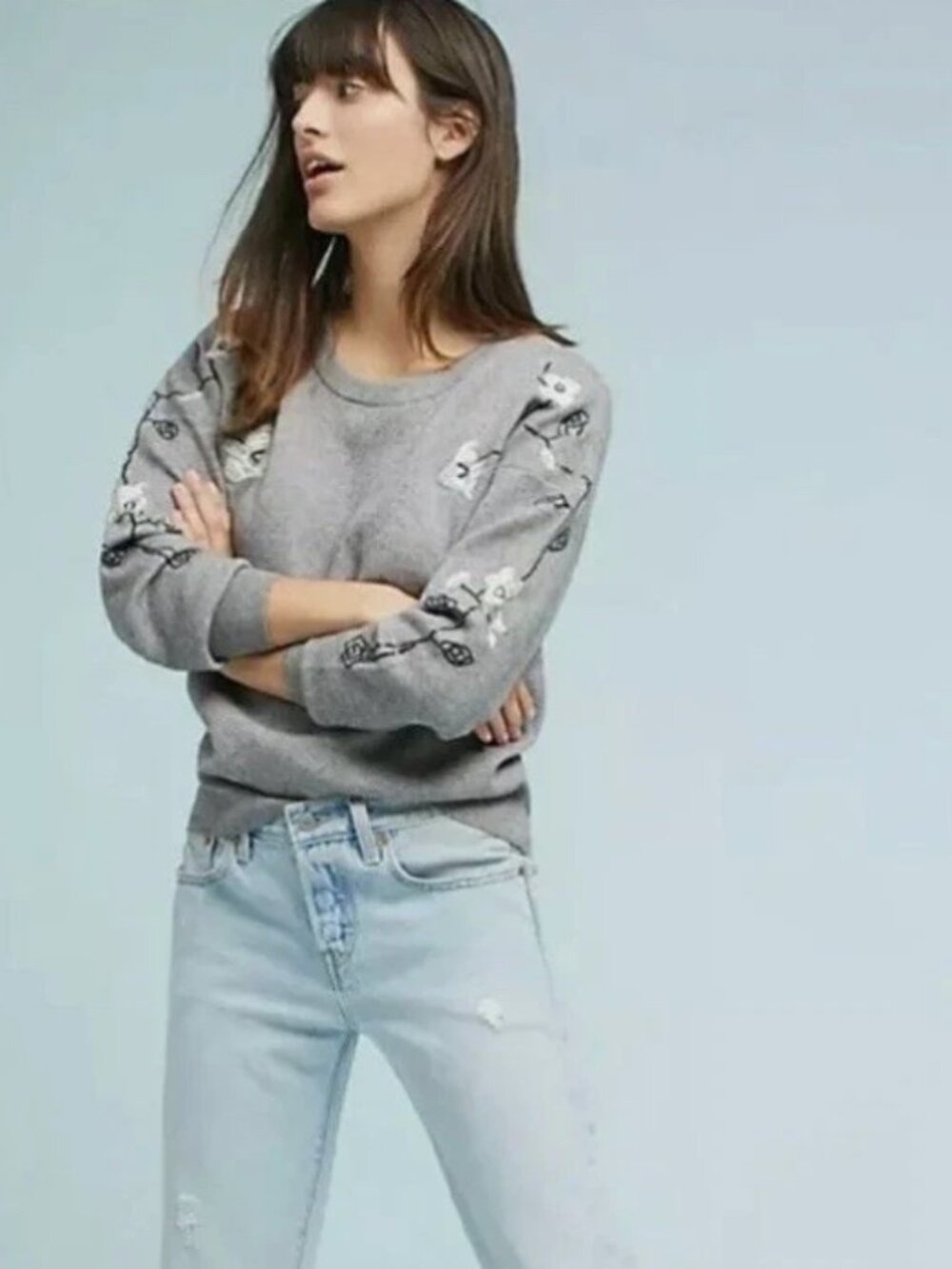 Anthropologie Women's Grey Embroidered Sweater